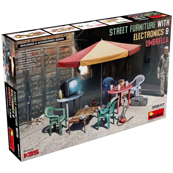 No Author Miniart MIN35647 1:35-Street Furniture w/Electronics & Umbr Scale Model kit, Molded C