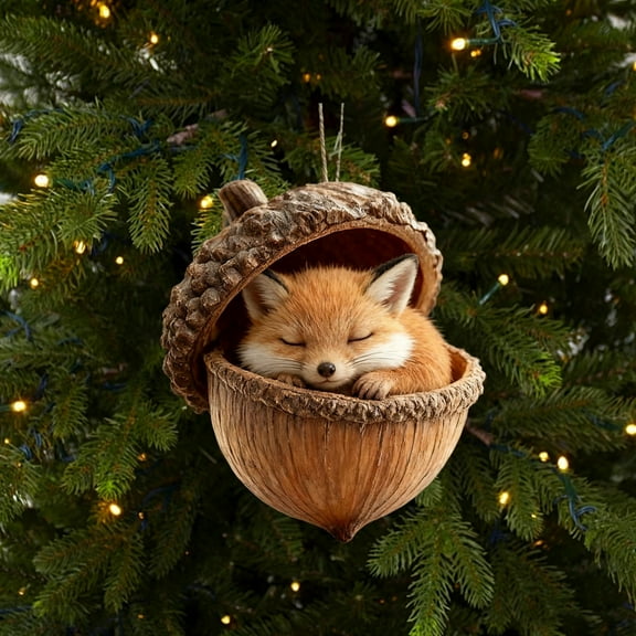 Miniature Acorn Ornaments, Sleeping Animal Inside Acorn Ornaments, Handpainted Resin Forest Animal Christmas Tree Decorations for Xmas, Holiday Home Decor, Unique Gift