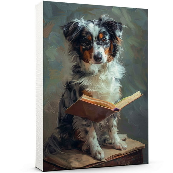 Miniature American Shepherd Decor Poster Unframe, Miniature American Shepherd Dog Canvas Wall Art, Dog Reading Book Canvas Print Painting Poster Wall Decor Dog Lovers Gifts