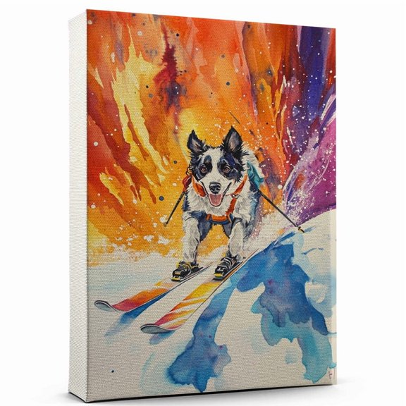 Miniature American Shepherd Dog Canvas Skiing Stretched Canvas Size 8x12 – Funny Miniature American Shepherd Dog Canvas Wall Decor, Funny Dog Wall Art for Skiing Room
