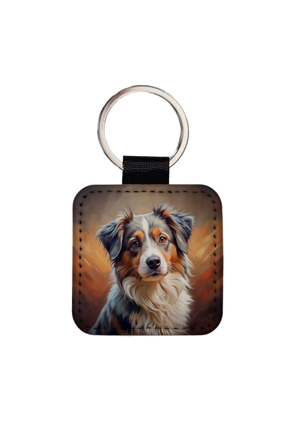 Miniature American Shepherd Dog Expressionism Art Faux Leather Square Keychain