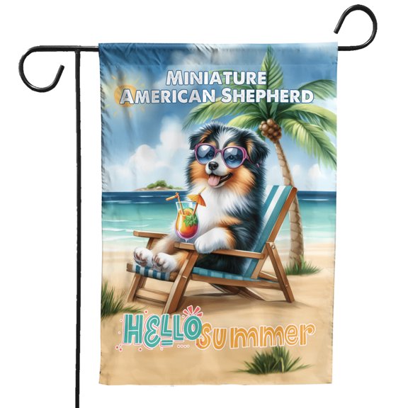 Miniature American Shepherd Hello Summer Beach Theme with Sunglasses and Tropical Cocktail Garden Flag 12x18in Double Sided MAS Dog Lover Gifts Outdoor Decor - 00009