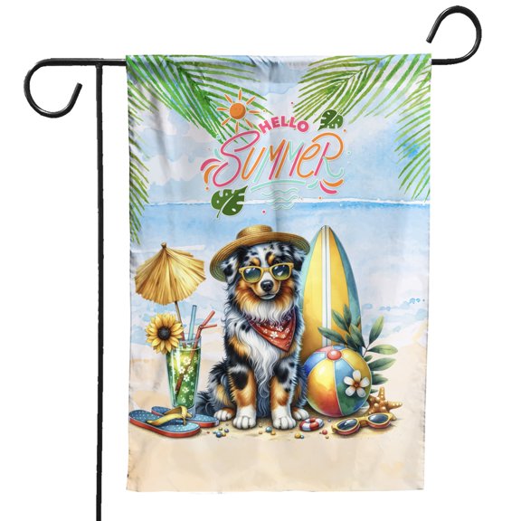 Miniature American Shepherd Hello Summer with Sunglasses and Surfboard Tropical Vibes Garden Flag 12x18in Double Sided MAS Dog Lover Gifts Outdoor Decor - 00007