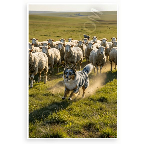 Miniature American Shepherd Herding Sheep Open Field Wildlife 12x18 US Made Poster