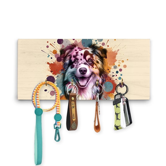 Miniature American Shepherd Portrait Watercolor Vintage Retro Styles Wood Key Holder MAS Dog Lover Gifts Wall-mounted Key Rack Home Decor - 00001