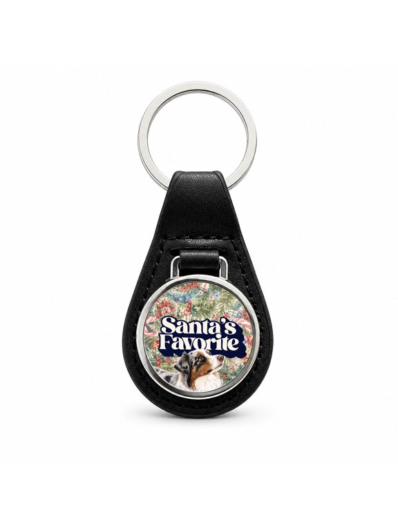 Miniature Australian Shepherd Mini Aussie Dog Christmas Santa's Favorite Metal Black Leather Keychain