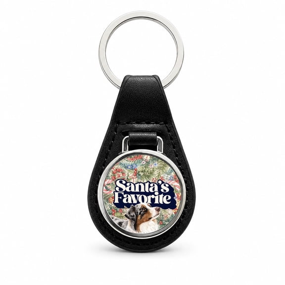 Miniature Australian Shepherd Mini Aussie Dog Christmas Santa's Favorite Metal Black Leather Keychain