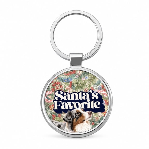 Miniature Australian Shepherd Mini Aussie Dog Christmas Santa's Favorite Metal Round Keychain
