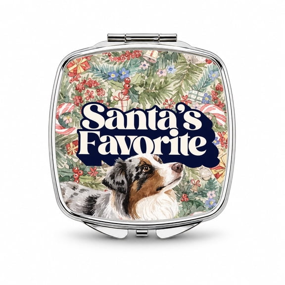 Miniature Australian Shepherd Mini Aussie Dog Christmas Santa's Favorite Travel Makeup Handbag Purse Small Pocket Compact Mirror