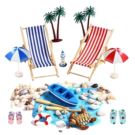 Miniature Beach Decor Set 15 PCS, Seaside Micro Landscape Ornaments for DIY Craft, Fairy Garden Accessories with Chairs Umbrellas Boat, Dollhouse Beach Scene Props 7.9 Inches
