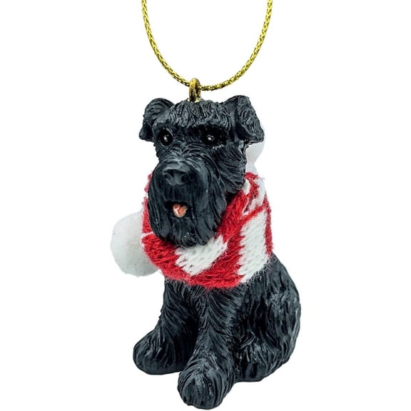 Miniature Black Schnauzer Dog Christmas Tree Ornament with Candy Cane Scarf