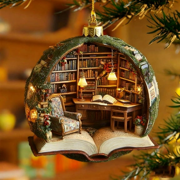 Miniature Book Christmas Tree Ornament, 2D Plastic Hanging Ornament for Xmas Tree Decor, Festive Home Decor, Small Novelty Decorations for Book Lovers, Teachers, Readers & Literary Themed Parties