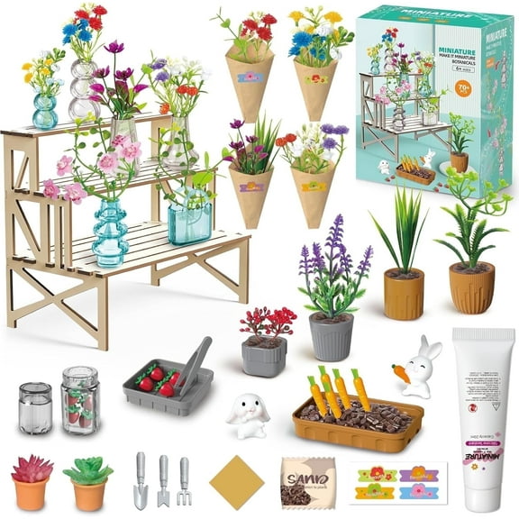 Miniature Botanical Collectibles Play Set Tiny Potted Plants Succulents Wooden Display Stand
