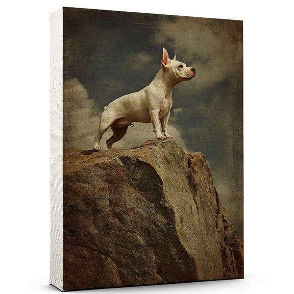 Miniature Bull Terrier Cute Dog Climbing Canvas Canvas – Retro Miniature Bull Terrier Dog Batter in Action With Climbing for Themed Living Room, Pet Shop Decor