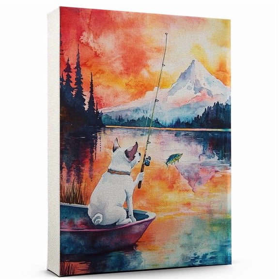 Miniature Bull Terrier Dog Playing Fishing Wall Canvas Miniature Bull Terrier Canvas Art for Dog Lovers, Fishing Canvas and Unique Room Decor
