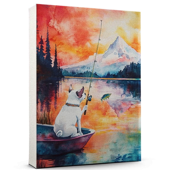 Miniature Bull Terrier Dog Playing Fishing Wall Canvas Miniature Bull Terrier Canvas Art for Dog Lovers, Fishing Canvas and Unique Room Decor