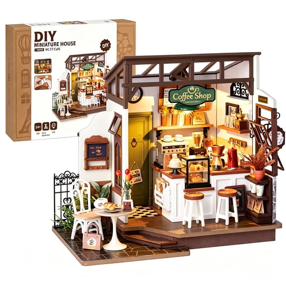 Miniature Cafe House DIY Kit with LED, Mini Dollhouse Craft, Christmas Present for Teens & Adults