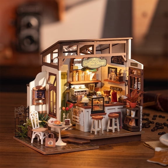 Miniature Cafe House DIY Kit with LED, Mini Dollhouse Craft, Christmas Present for Teens & Adults