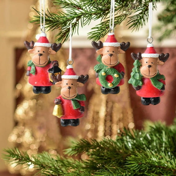 Miniature Christmas Ornaments Resin Christmas Pendants, 4 Pack 2 Inch Mini Size Lightweight Pre-Tied Ribbons Sturdy for Indoor Outdoor Trees Office Cubicles & Small Trees