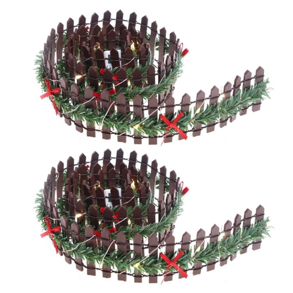 Miniature Christmas Tree Fence 2 Pcs Wooden Barrier Mini Decorative Village Border Picket Panel Fairy Garden Fences with LED Light String for Christmas Landscape Decor,35 inch,Brown