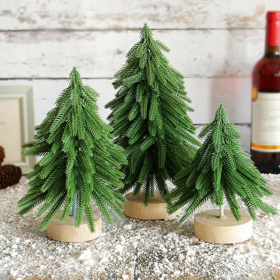 Miniature Christmas Tree Figurine Artificial Norfolk Green/Snow Flocked Pine Needle Xmas Tree with Wooden Base for Indoor Decor