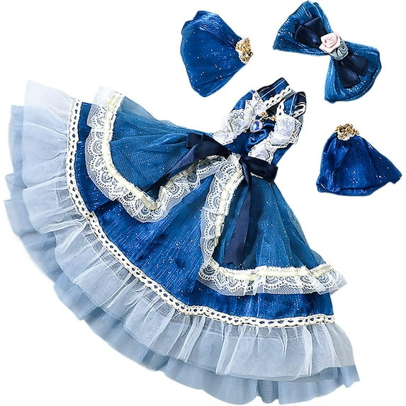 Miniature Clothes Dress Retro Lace Princess Dress with Blue Bow Hair Clip Mini Dressing Up Props for Miniature People Costume