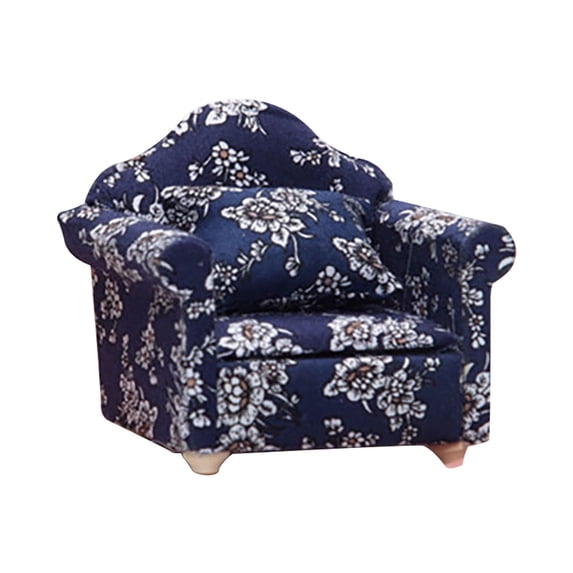 Miniature Dollhouse Chair with Floral Pillow, 1:12 Scale Living Room Furniture, Dark Blue, 3.2 Inches