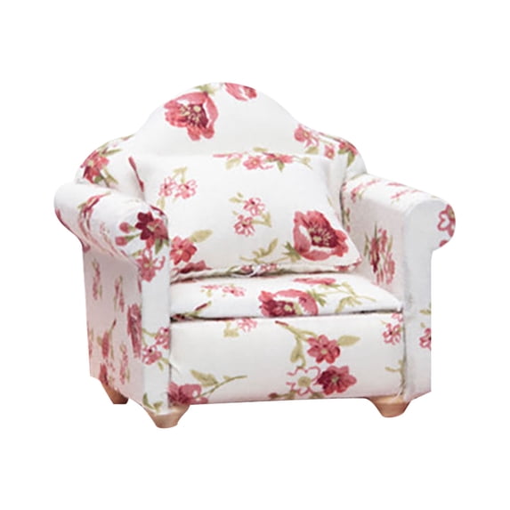 Miniature Dollhouse Couch with Pillow, Printed Fabric Upholstery, 1:12 Scale Living Room Furniture, White