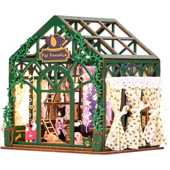 Miniature Dollhouse Kit 3D Wooden Puzzle with LED Lights Pet Paradise Theme