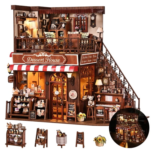Miniature Dollhouse Kit, Diorama Bookshelf Decor, Adult DIY Mini House Kit - Corner Dessert House