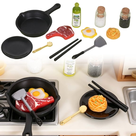 Miniature Dollhouse Kitchen Set Decor, 11 Piece Steak Egg Models Display, Realistic Toy Accessory Accent Piece, Black Plate Decorative Scene Ornament, Collectible Miniature Set