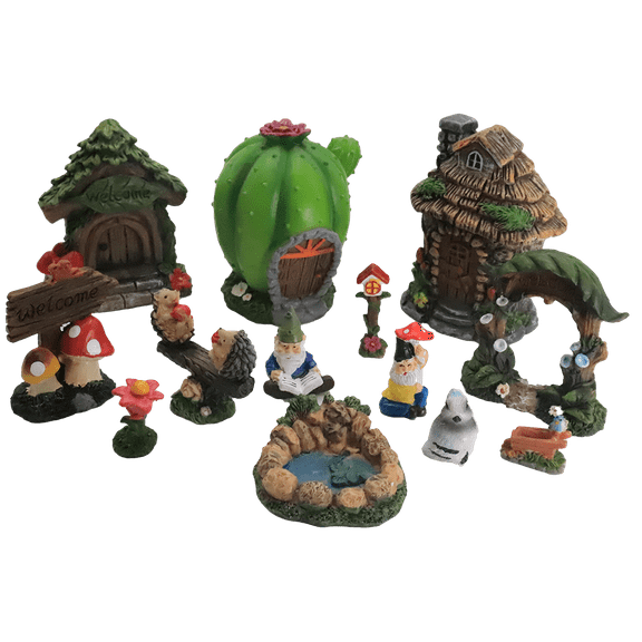 Miniature Fairy Garden - 13 Piece Set ; Cactus House, Pond, Seesaw, Bird House - CACTUSVILLE VILLAGE