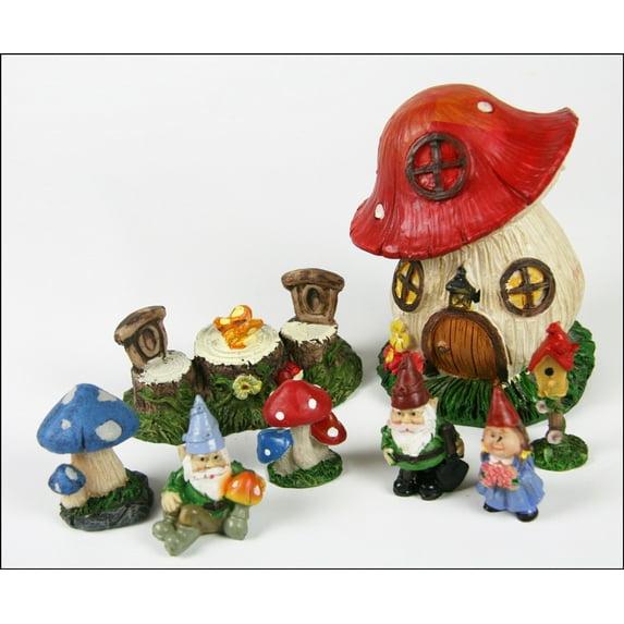 Miniature Fairy Garden 8 piece Starter Set - Mushroom house - stump table - gnomes -Shroomtown Community