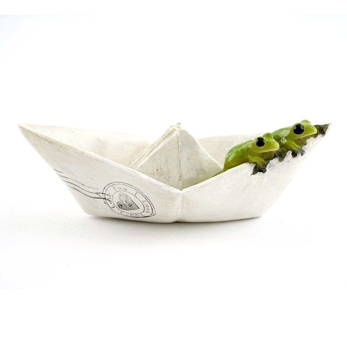 Miniature White Resin Paper Boat with Green Frogs Garden Decor