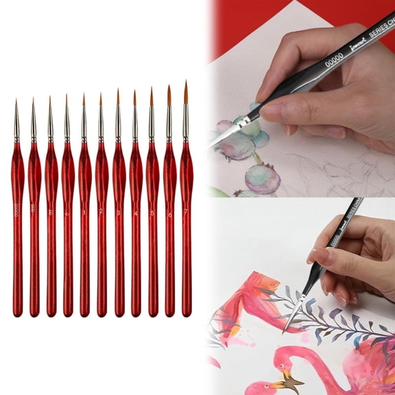 Miniature Fine Tip Painting Brushes (Ultra-Detail Artist Tools, Model Craft Set), Red 11-Piece Set, 11-Piece Ultra Fine Detail Paint Brush Set, Natural Wood Handle For Miniatures And Art, Meiiso