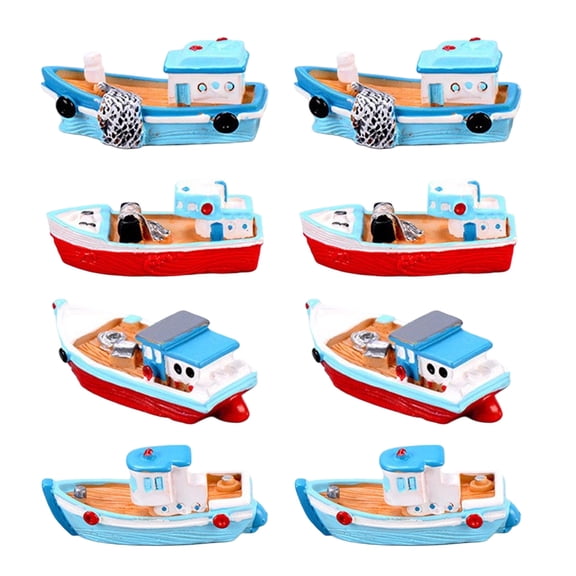 Miniature Fishing Boats Ornament Set of 8 Resin Figurine Handcrafts Decorative Ship Figure For Coastal Home Decoratioin