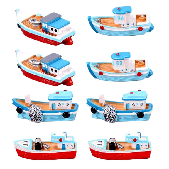 Miniature Fishing Boats Ornament Set of 8 Resin Figurine Handcrafts Decorative Ship Figure For Decoratioin