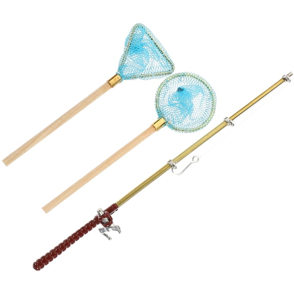 Mini Fishing Rod Toy Reel Pole Ornaments Nets Child -blue