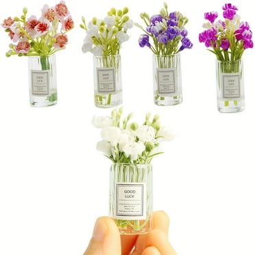 Miniature Flowers with Vase Dollhouse Glass Vase 1:6 Scale Mini Flower in Vase,Flower in Tall Glass Vase(Set of 4)
