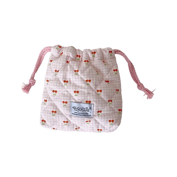 Miniature Gingham Cherrys Print Drawstring Storage Bag Portable Travel Organizers For Small Belongings