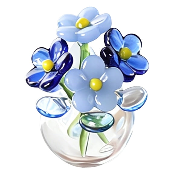 Miniature Glass Flower Leave and Vase Set, Small Mini Glass Flower with Stems Flowers Bouquet Wildflower Bouquet for Father's Day Mother's Day Office Home Table Centerpiece Decor, 1Pc(Blue,1.5x1")