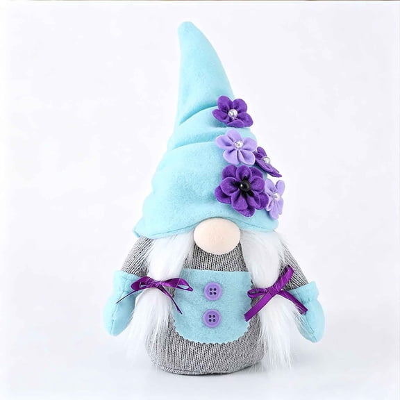 Miniature Gnome Figurine 11.8 Inches Tall. A Year-round Decorative Piece Featuring Blue Flowers for Home Parties and As A Gift for /women.