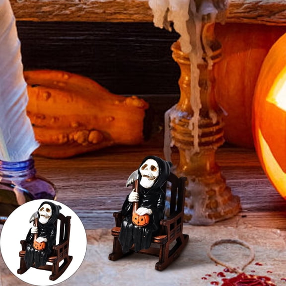Miniature Grim Reaper Figurine - Gothic Halloween Decor, Whimsical Death Statue on Rocking Chair for Indoor Shelf, Desk & Dark Academia Home Decor