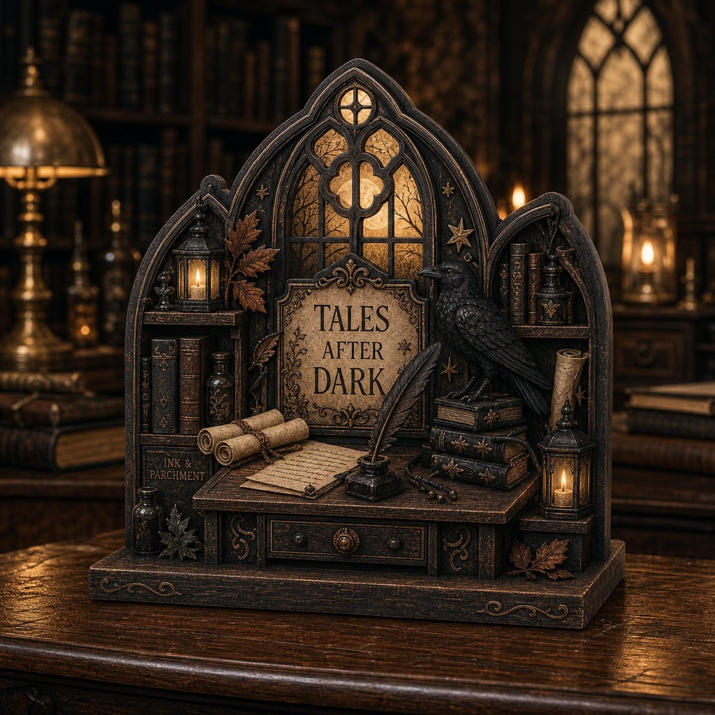 Gothic Display Sign Miniature Halloween Wooden Stand Raven Writing Room Wooden Tabletop ...
