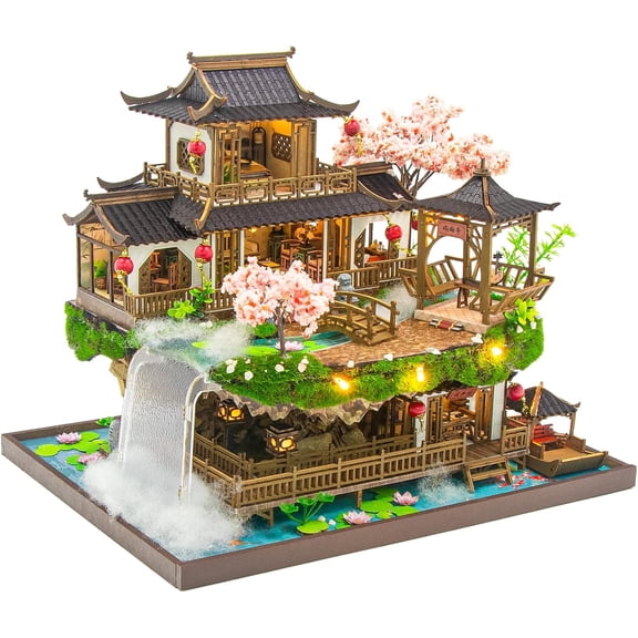 Miniature House Building Kit with Warm Light and Music Box for Adults