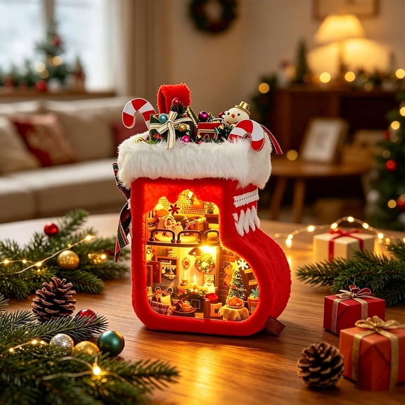 Miniature House Christmas Stocking Shape, Mini House with LED Dollhouse DIY Wooden 3D House Building Kit for Adult and Teens, Room Decor Relaxing Craft Project Creative Gift