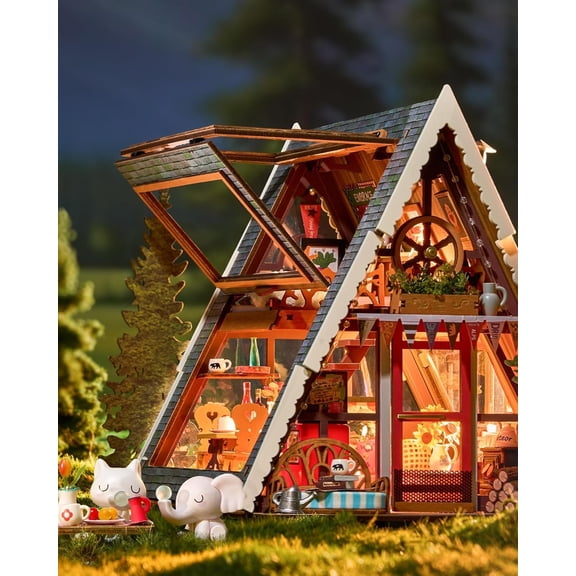 Miniature House Kit A-Frame Cabin, 3D Wooden Puzzle Tiny House with Openable Skylight for Teens & Adults, Cozy Forest Cabin Dcor, Creative Gift for Birthday & Holidays
