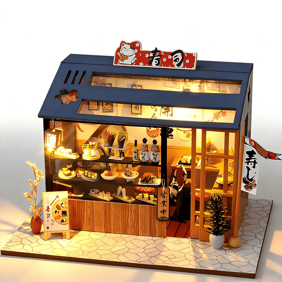 Miniature House Kit, MOJINO DIY Tiny Book Nook Kit, Wooden 3D Puzzle Sushi House, DIY Handmade Miniature House Models for Adults, Birthday and Mothers Day Gifts for Mom, Family and Friends