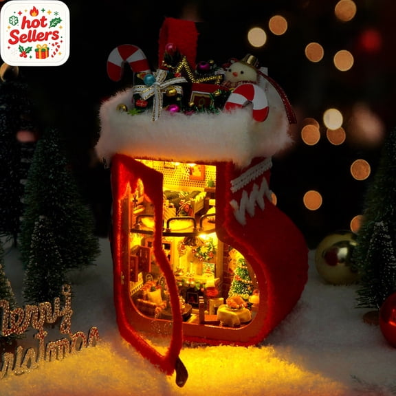 Miniature House Kit With LED Light DIY Christmas Stocking Decor With Furniture Mini House Building Kit for Kids Adults Handmade Gift