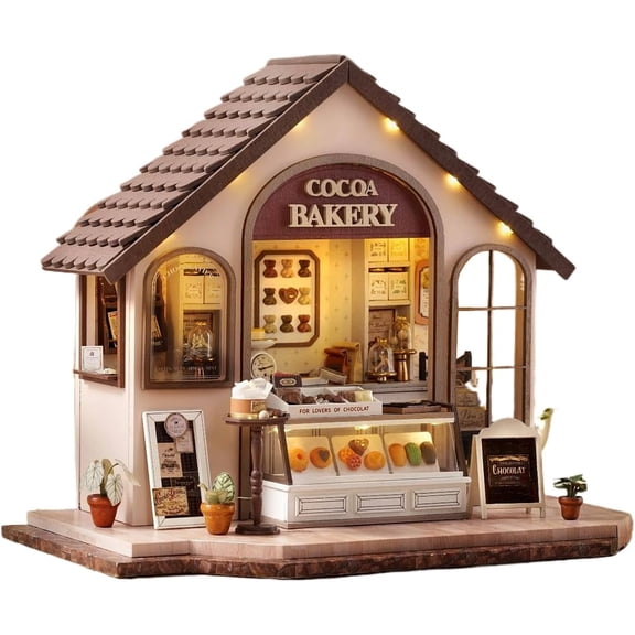 Miniature House Kits for Adults, Mini Dollhouse Wooden Furniture Kit, DIY Craft Kits Creative Room Tiny House for Decoration- Leisurely Bakery